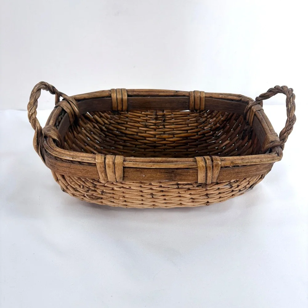 Vintage Chinese Woven Willow Basket Brown Woven Handles Wabi-Sabi